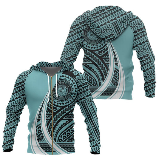 Hawaii Coat Of Arms Polynesian Zip Up Hoodie Tatoo Style Blue