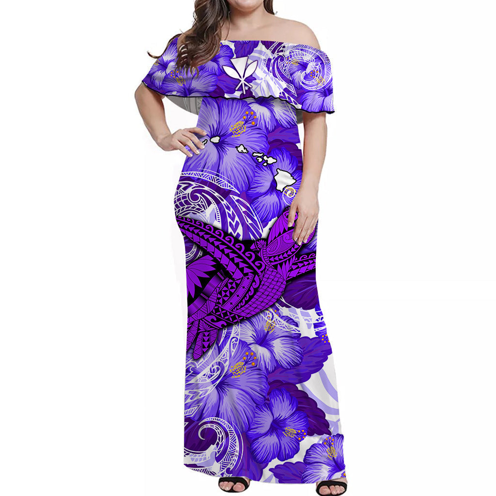 Custom Personalised Hawaii Off Shoulder Long Dress Purple Polynesian Turtle and Hibiscus