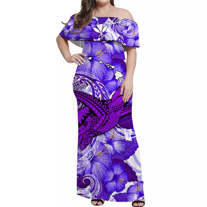 Custom Personalised Hawaii Off Shoulder Long Dress Purple Polynesian Turtle and Hibiscus