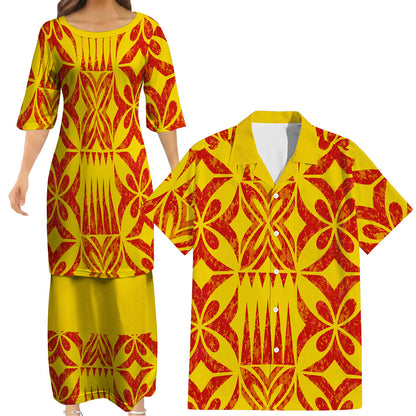 Vintage Polynesian Tribal Pattern Yellow Couple Outfit Matching Island Dress And Hawaiian Shirt For Her Him