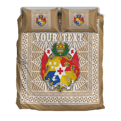 (Custom Personalised) Tonga Pattern Bedding Set Coat of Arms Beige and White