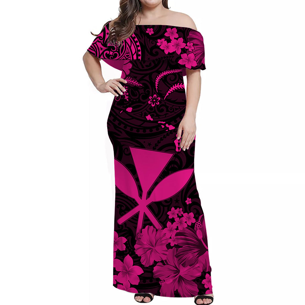 Hawaii Off Shoulder Long Dress Polynesia Pink Kanaka Maoli