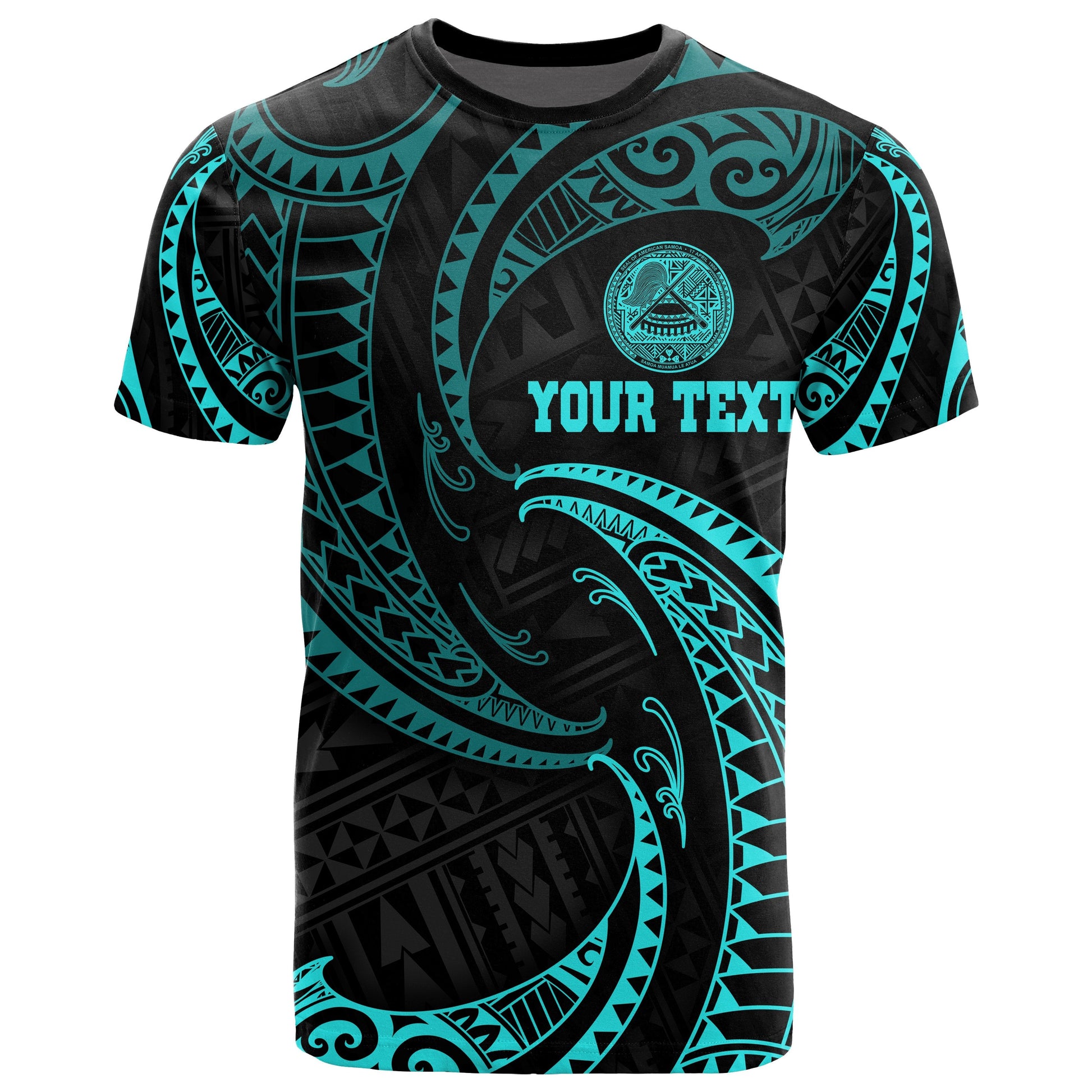 American Samoa Polynesian Custom Personalised T - Shirt - Neon Blue Tribal Wave