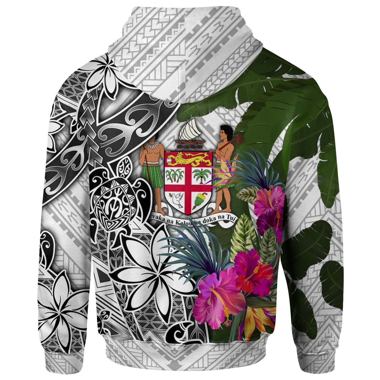 Fiji Hoodie White Turtle Plumeria Banana Leaf Crest