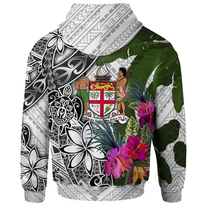 Fiji Hoodie White Turtle Plumeria Banana Leaf Crest