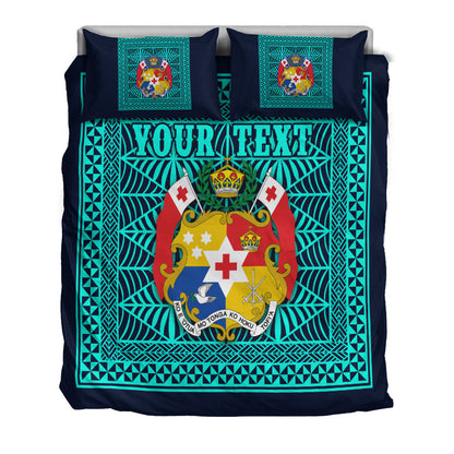 (Custom Personalised) Tonga Pattern Bedding Set Coat of Arms Navy and Turquoise