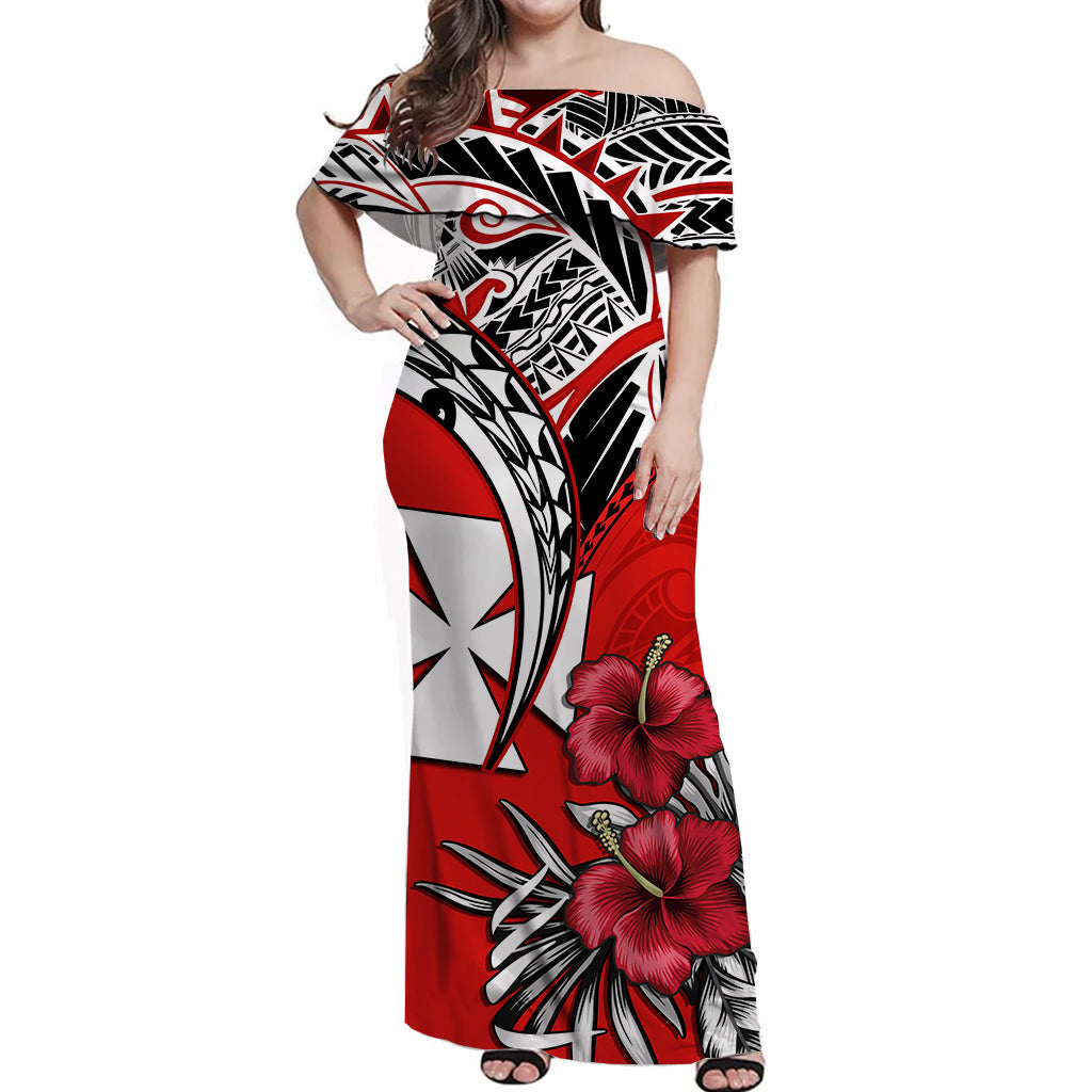 Wallis et Futuna Off Shoulder Long Dress Polynesian Pattern and Hibiscus Flowers Version Red