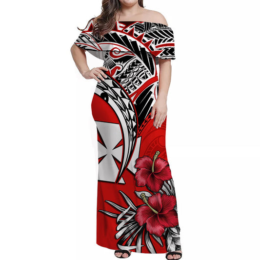 Wallis et Futuna Off Shoulder Long Dress Polynesian Pattern and Hibiscus Flowers Version Red