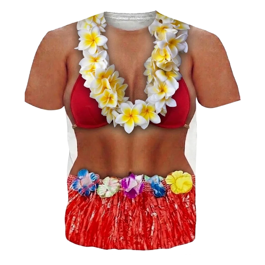Polynesian Funny Women Shirt Flowers Necklace Red Grass Skirt Style Printed T Shirt For Her