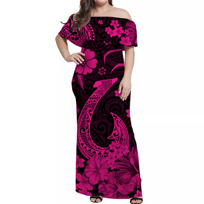 Hawaiian Matching Outfits For Couples Hawaii Combo Dress and Hawaiian Shirt Polynesia Pink Fish Hook