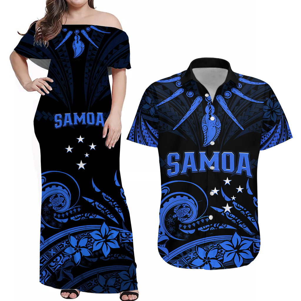 (Custom Personalised) Polynesian Couple Outfits Samoa Tatau Combo Dress and Hawaiian Shirt Blue Polynesian Ula Nifo