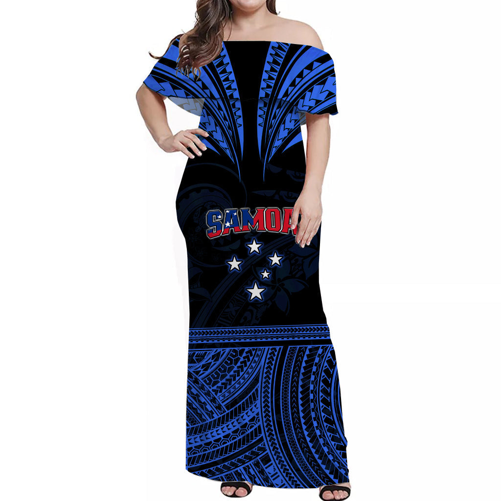 Custom Personalised Samoa Tatau Off Shoulder Long Dress Blue Polynesian Proud Samoan