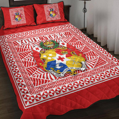 (Custom Personalised) Tonga Pattern Quilt Bed Set Coat of Arms Red and White