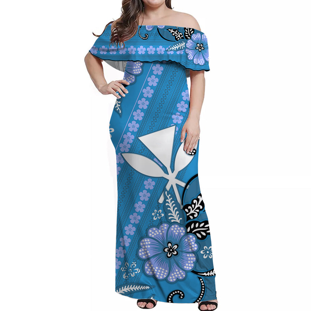 Hawaii Off Shoulder Long Dress Kakau Tribal Blue Batik Floral Ver.01