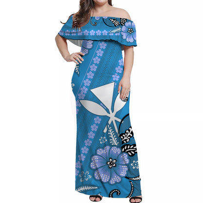 Hawaii Off Shoulder Long Dress Kakau Tribal Blue Batik Floral Ver.01