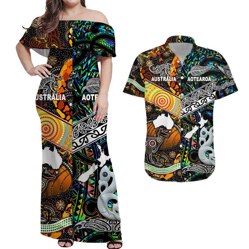 Matching Clothes For Couples New Zealand Maori Aotearoa And Australia Aboriginal Combo Dress And Shirt Together Paua Shell