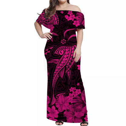 Hawaii Off Shoulder Long Dress Polynesia Pink Shark