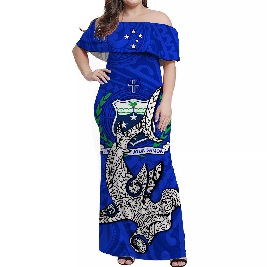 Samoa Off Shoulder Long Dress Hammerhead Shark Blue
