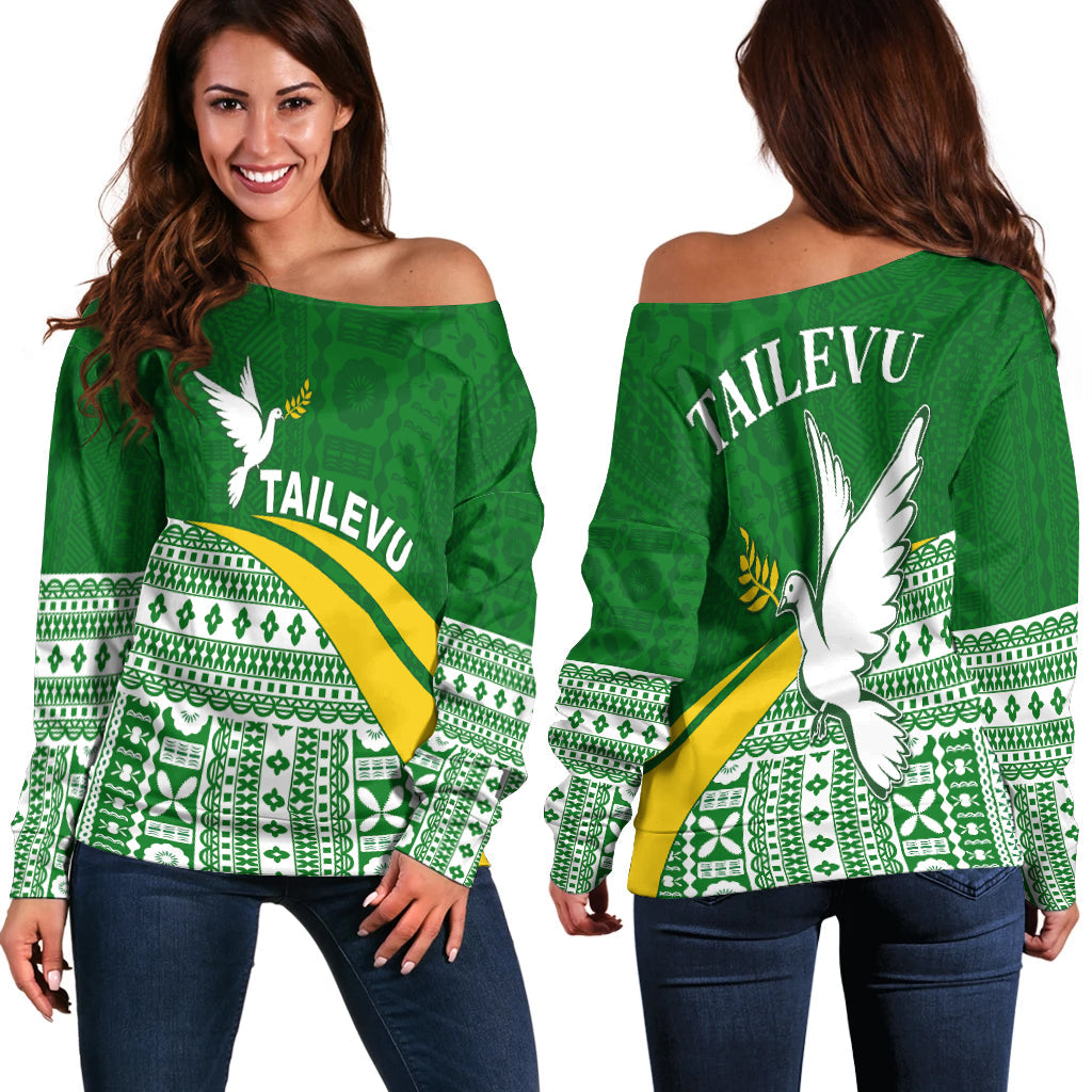 Tailevu Rugby Off Shoulder Sweater Fiji Rugby Tapa Pattern Green