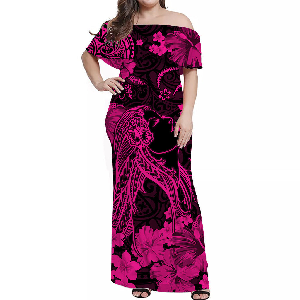 Hawaii Off Shoulder Long Dress Polynesia Pink Beautiful Hula Girl