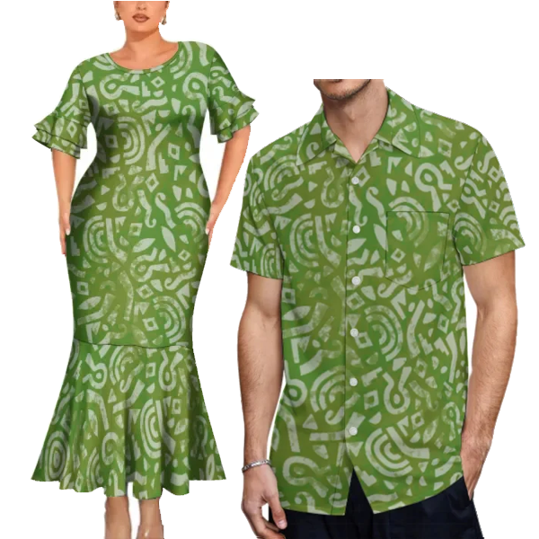 Polynesian Tribal Pattern Green Couples Matching Outfit Fishtail Skirt Dress And Shirt For Her Him