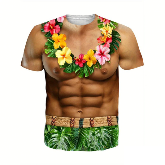 Funny Abs Muscle Hawaii Flower Necklace T Shirt For Men