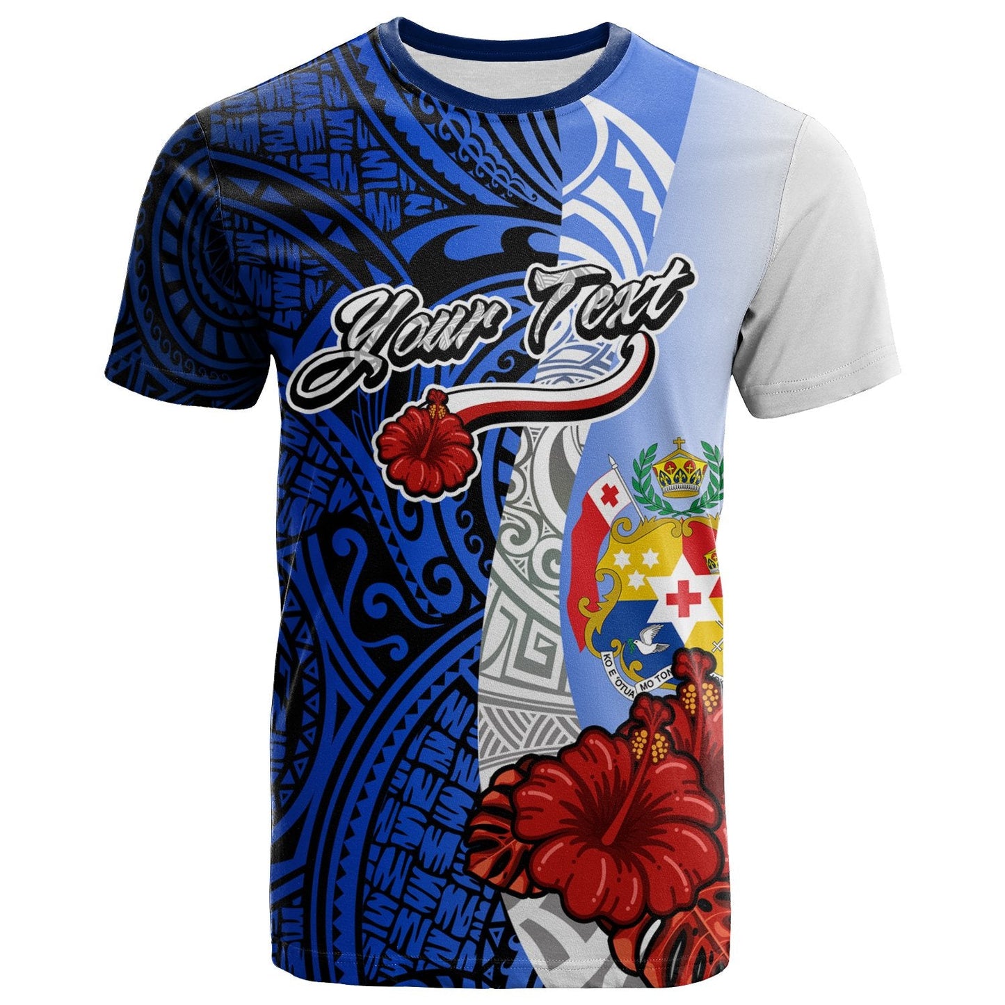 Tonga Polynesian Custom Personalised T-Shirt - Coat Of Arm With Hibiscus Blue