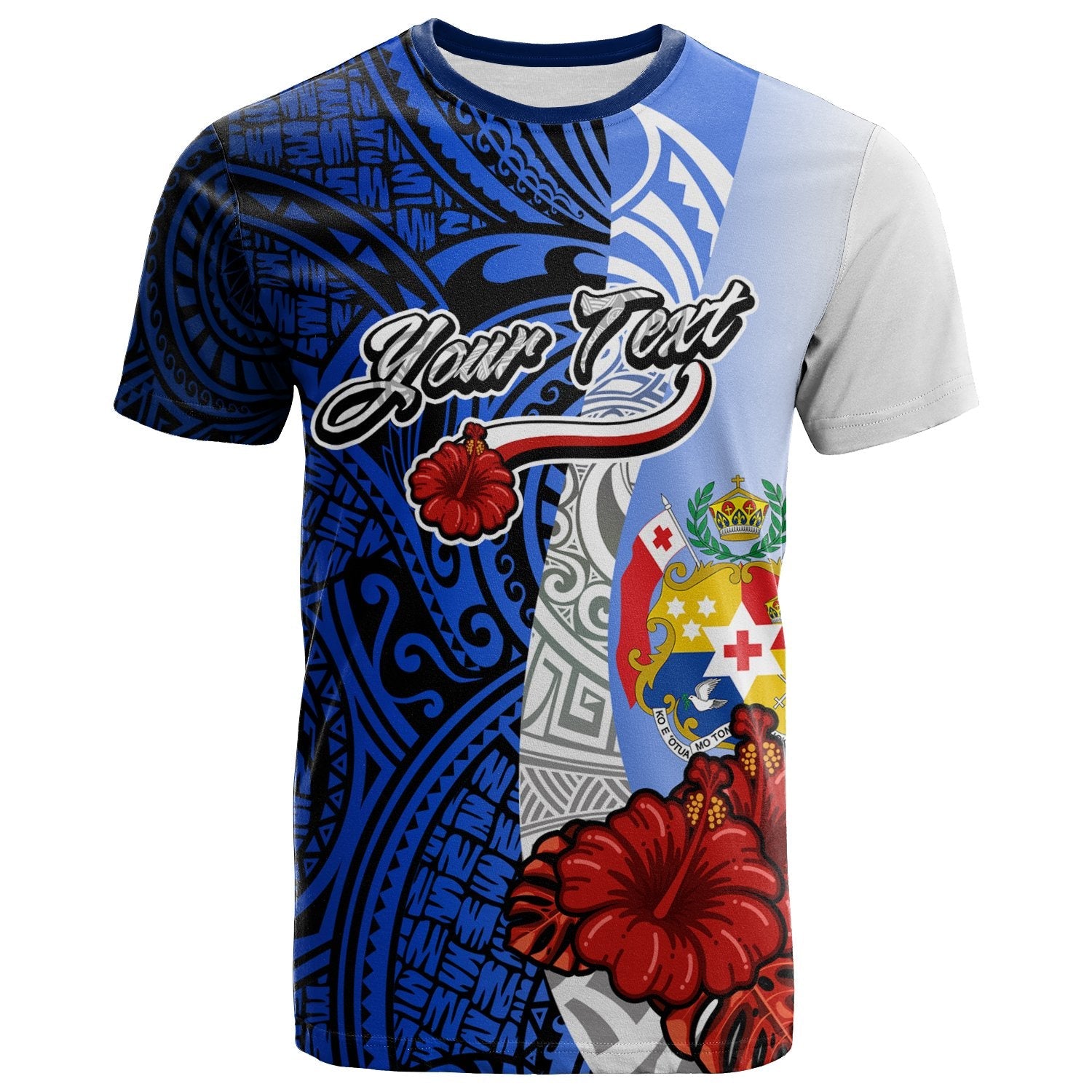 Tonga Polynesian Custom Personalised T-Shirt - Coat Of Arm With Hibiscus Blue