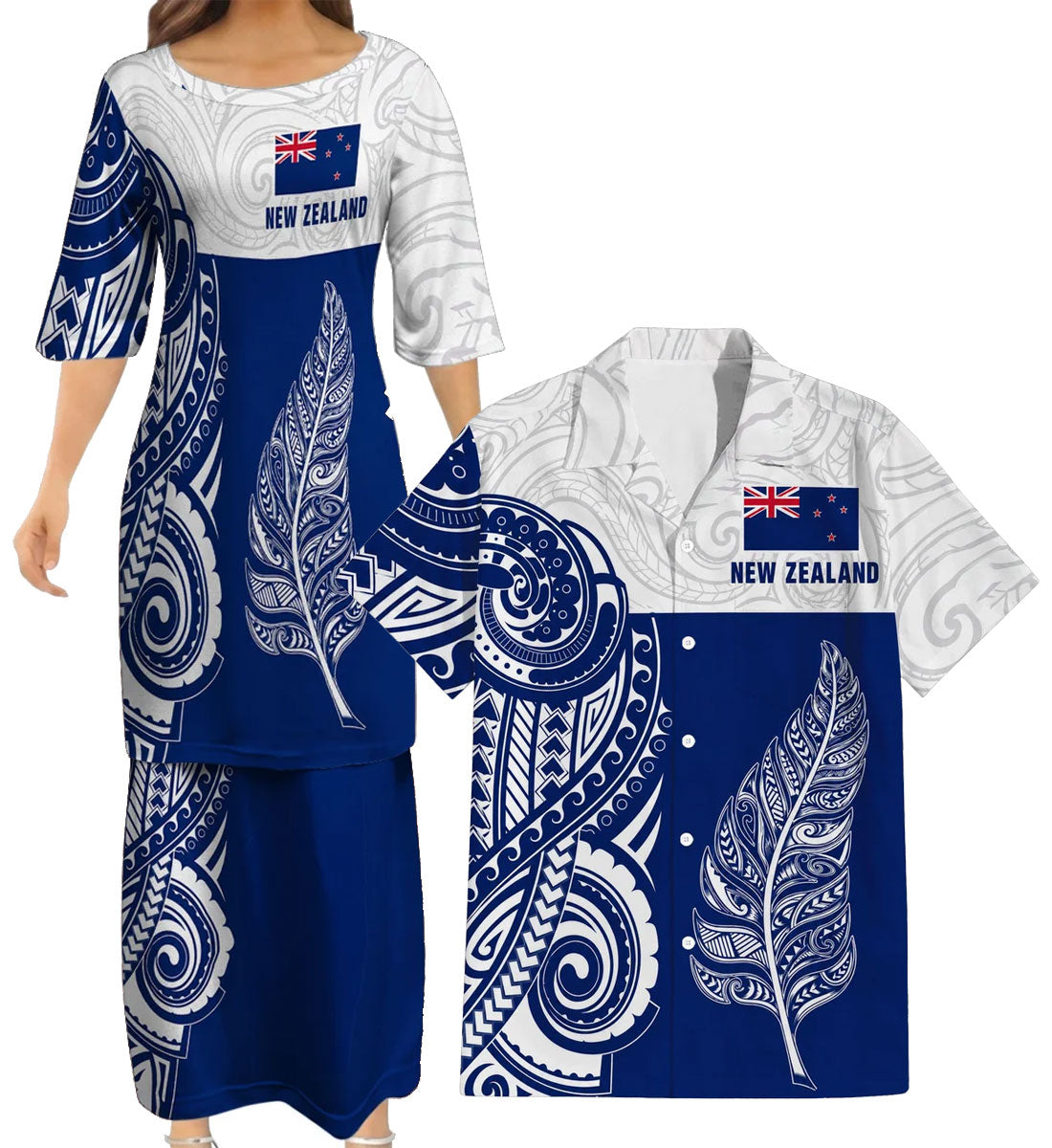 New Zealand Map Matching Outfit For Couple NZ Pattern Blue Dress And Hawaiian Shirt