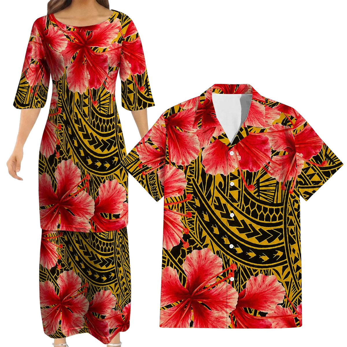 Polynesian Tribal Flowers Pattern Yellow Matching Outfit For Couple Island Puletasi Dress And Hawaiian Shirt