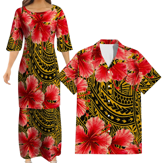 Polynesian Tribal Flowers Pattern Yellow Matching Outfit For Couple Island Puletasi Dress And Hawaiian Shirt