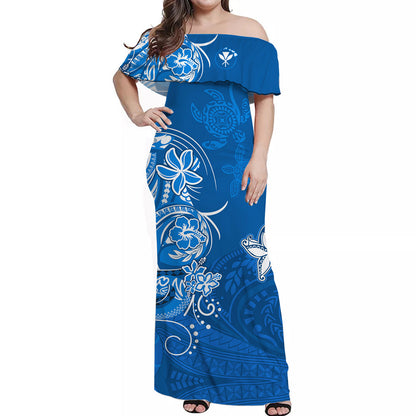 Custom Personalised Hawaii Off Shoulder Long Dress Polynesia Blue Sea Turtle Honu and Map