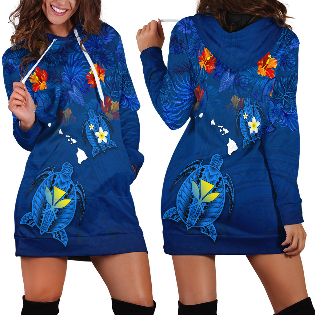 Hawaiian Islands Hoodie Dress Hawaii Tropical Flowers and Turtles Blue