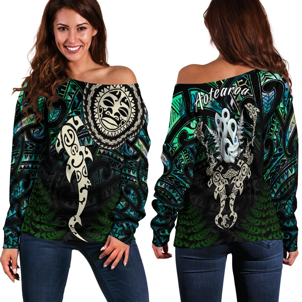 Aotearoa Paua Shell Off Shoulder Sweater Maori Manaia and Fish