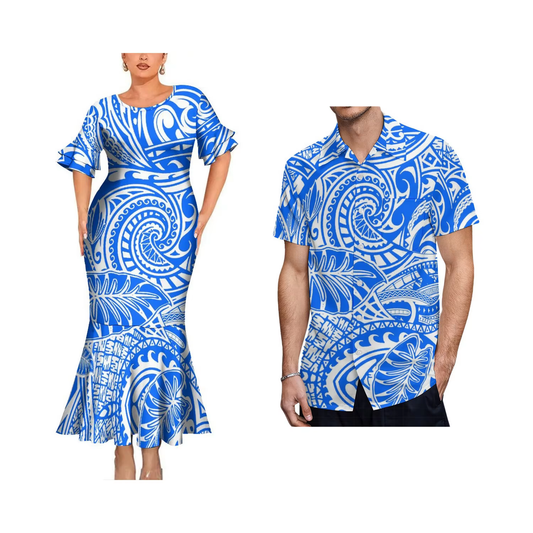 Polynesian Blue Pattern Couple Matching Outfit Women Crew Neck Mermaid Dress and Shirt