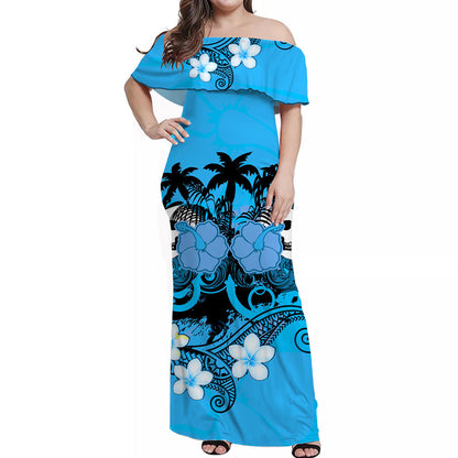 Hawaii Skull Off Shoulder Long Dress Mysterious Polynesia and Blue Flowers
