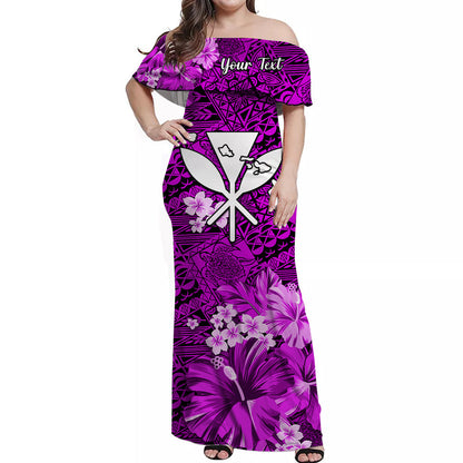 Custom Personalised Hawaii Off Shoulder Long Dress Map and Turtle Purple Flowers