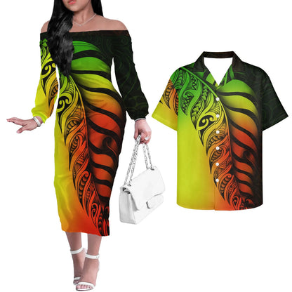 Polynesian Tribal Tattoo Pattern Matching Outfit For Couple Printed Polynesian Off Shoulder Long Sleeved Dress And Hawaiian Shirt