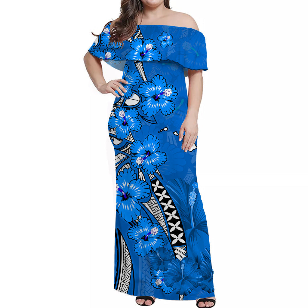 Custom Personalised Hawaii Off Shoulder Long Dress Polynesia Blue Hibiscus and Map Mystical