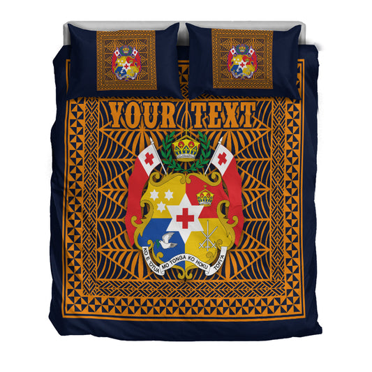 (Custom Personalised) Tonga Pattern Bedding Set Coat of Arms Navy and Orange