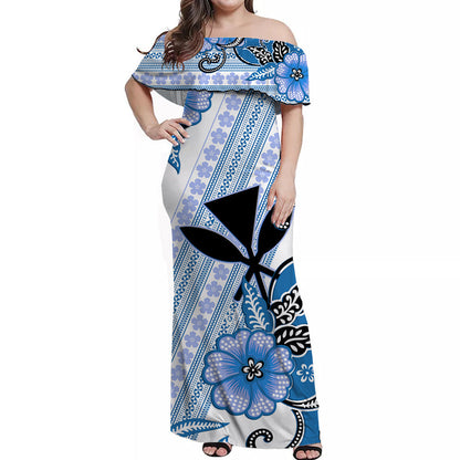 Hawaii Off Shoulder Long Dress Kakau Tribal Blue Batik Floral Ver.02