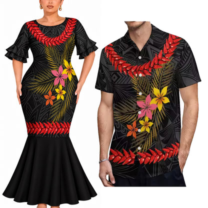 Polynesian Tribal Flowers Pattern Black Couple Matching Outfit Island Short Sleeve Mermaid Long Dress And Shirt