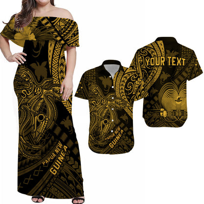 (Custom Personalised) His And Her Matching Outfits Papua New Guinea Combo Dress and Hawaiian Shirt Raggiana Birds Of Paradise Gold