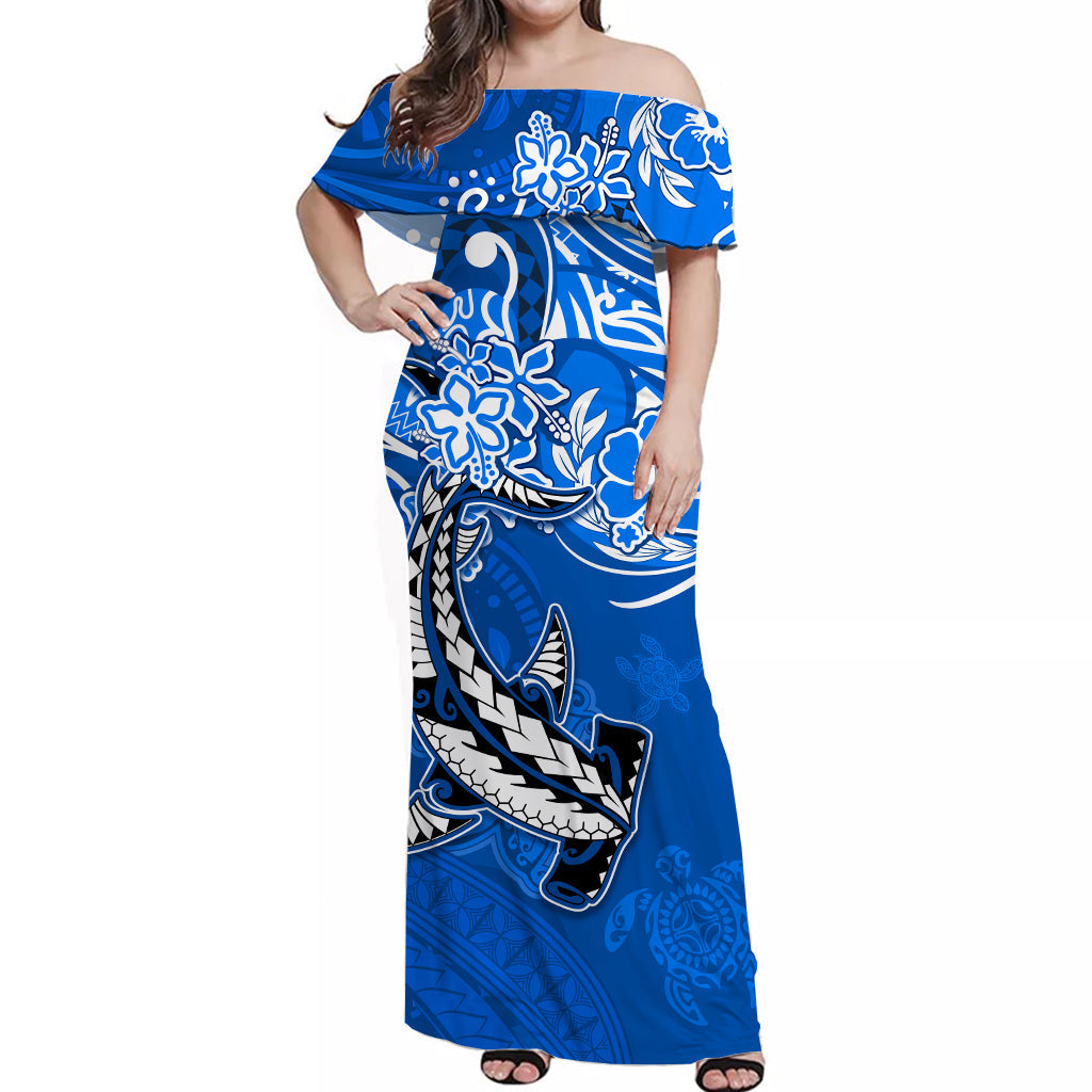 Custom Personalised Hawaii Off Shoulder Long Dress Polynesia Blue Sea Turtle Honu and Hammerhead Shark