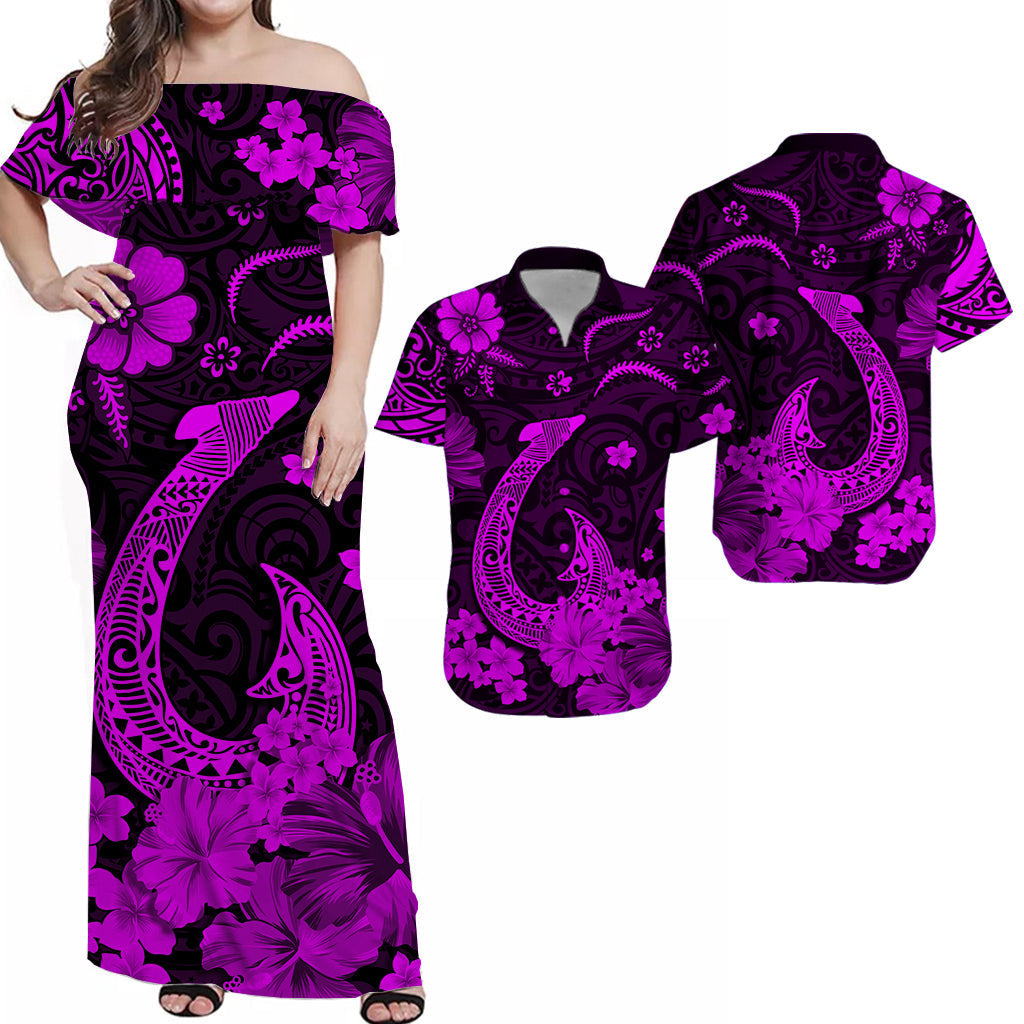 His And Her Hawaiian Matching Outfits Hawaii Combo Dress and Hawaiian Shirt Polynesia Purple Fish Hook