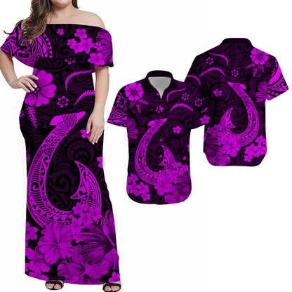 His And Her Hawaiian Matching Outfits Hawaii Combo Dress and Hawaiian Shirt Polynesia Purple Fish Hook