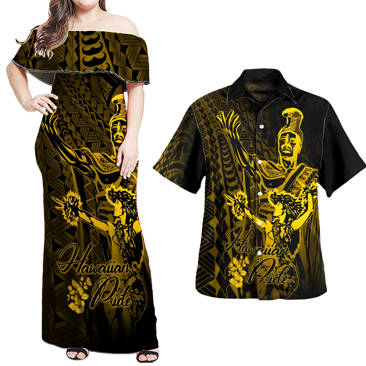 Hawaiian Matching Outfits For Couples Hawaii Polynesian Combo Dress And Hawaiian Shirt King Of Hawaii With Hawaiian Girls Gold Version