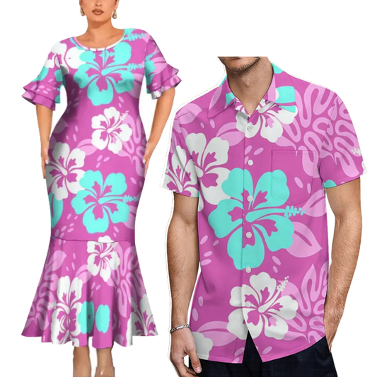Flowers Pattern Polynesian Pink Outfit For Couple Fishtail Skirt Dress And Hawaiian Shirt