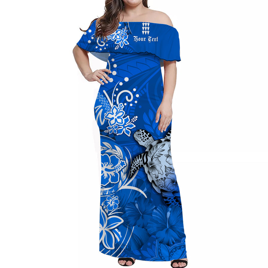 Custom Personalised Hawaii Off Shoulder Long Dress Polynesia Blue Sea Turtle Honu and Hibiscus