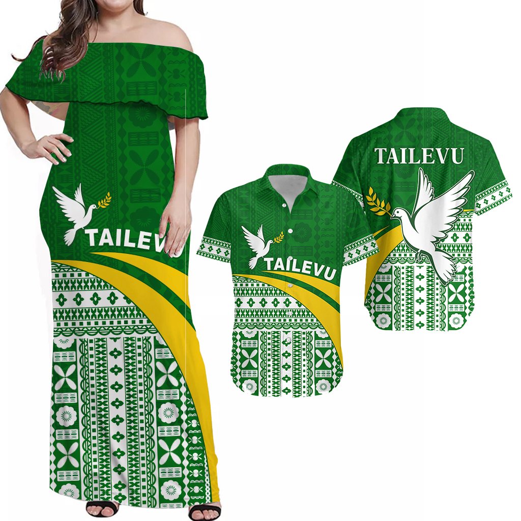 Matching Clothes For Couples Tailevu Rugby Combo Dress and Hawaiian Shirt Fiji Rugby Tapa Pattern Green
